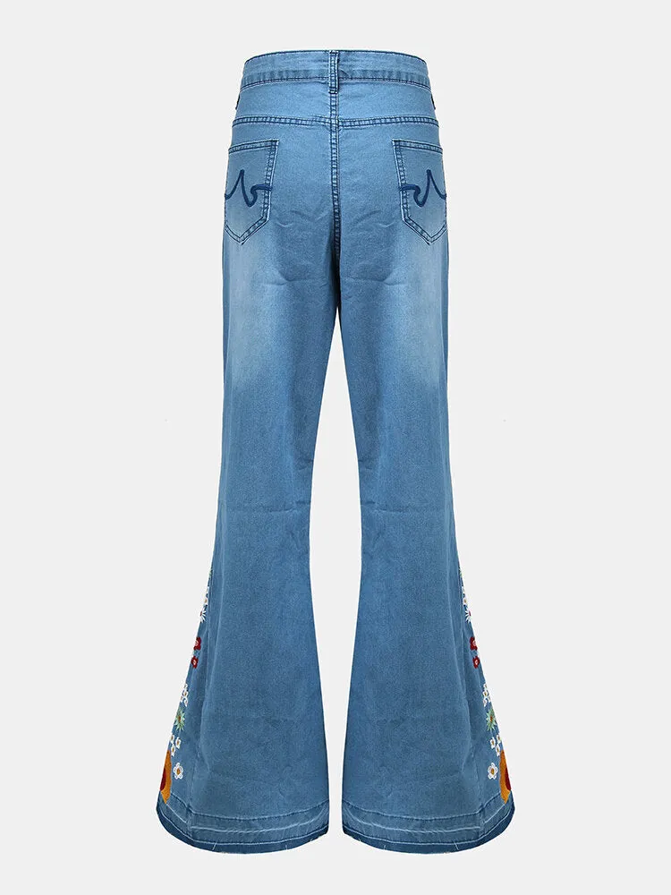 Women Floral Embroidery Stylish Casual Bell-Bottom Jeans With Pockets