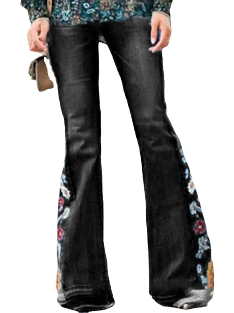 Women Floral Embroidery Stylish Casual Bell-Bottom Jeans With Pockets