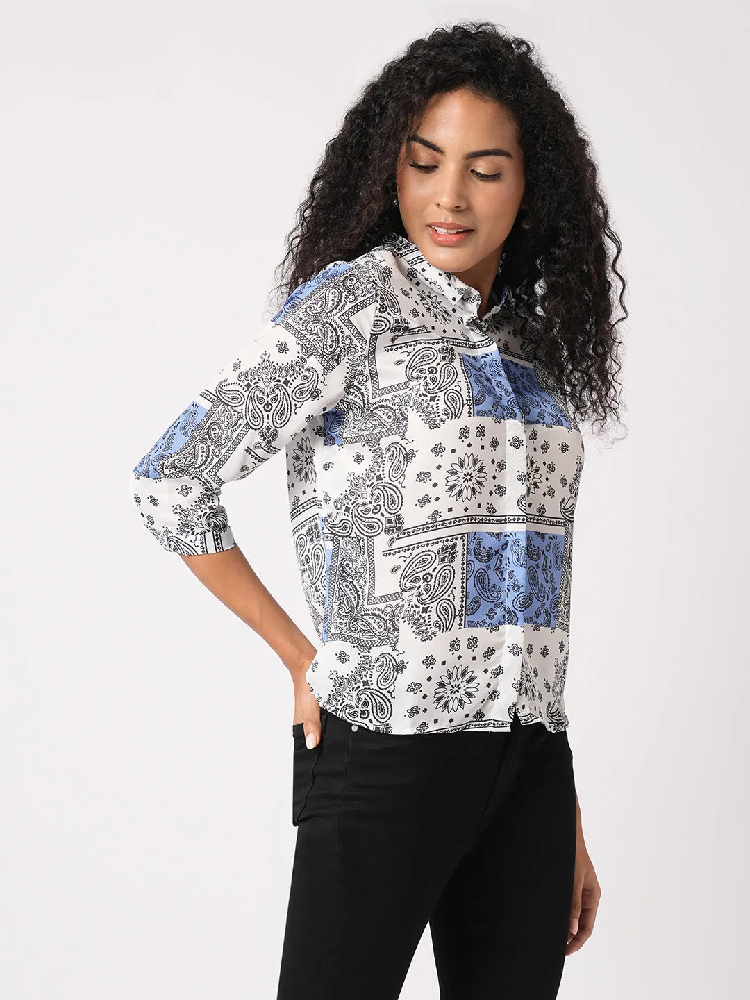 Women Slim Fit  Bandana Print Blue/White Shirt