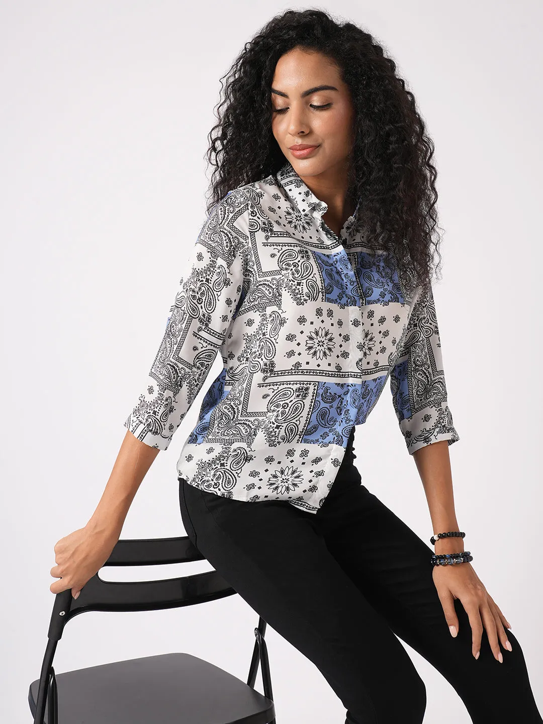 Women Slim Fit  Bandana Print Blue/White Shirt