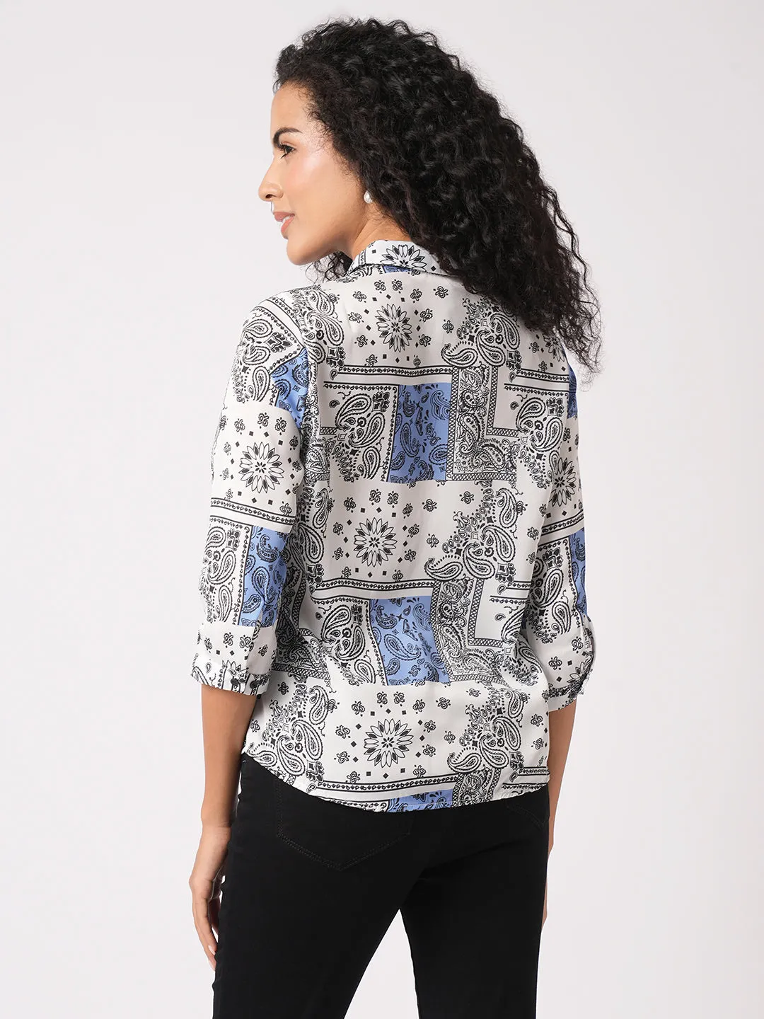 Women Slim Fit  Bandana Print Blue/White Shirt