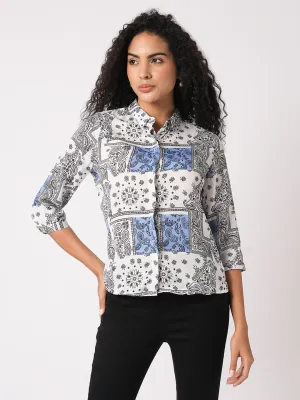 Women Slim Fit  Bandana Print Blue/White Shirt