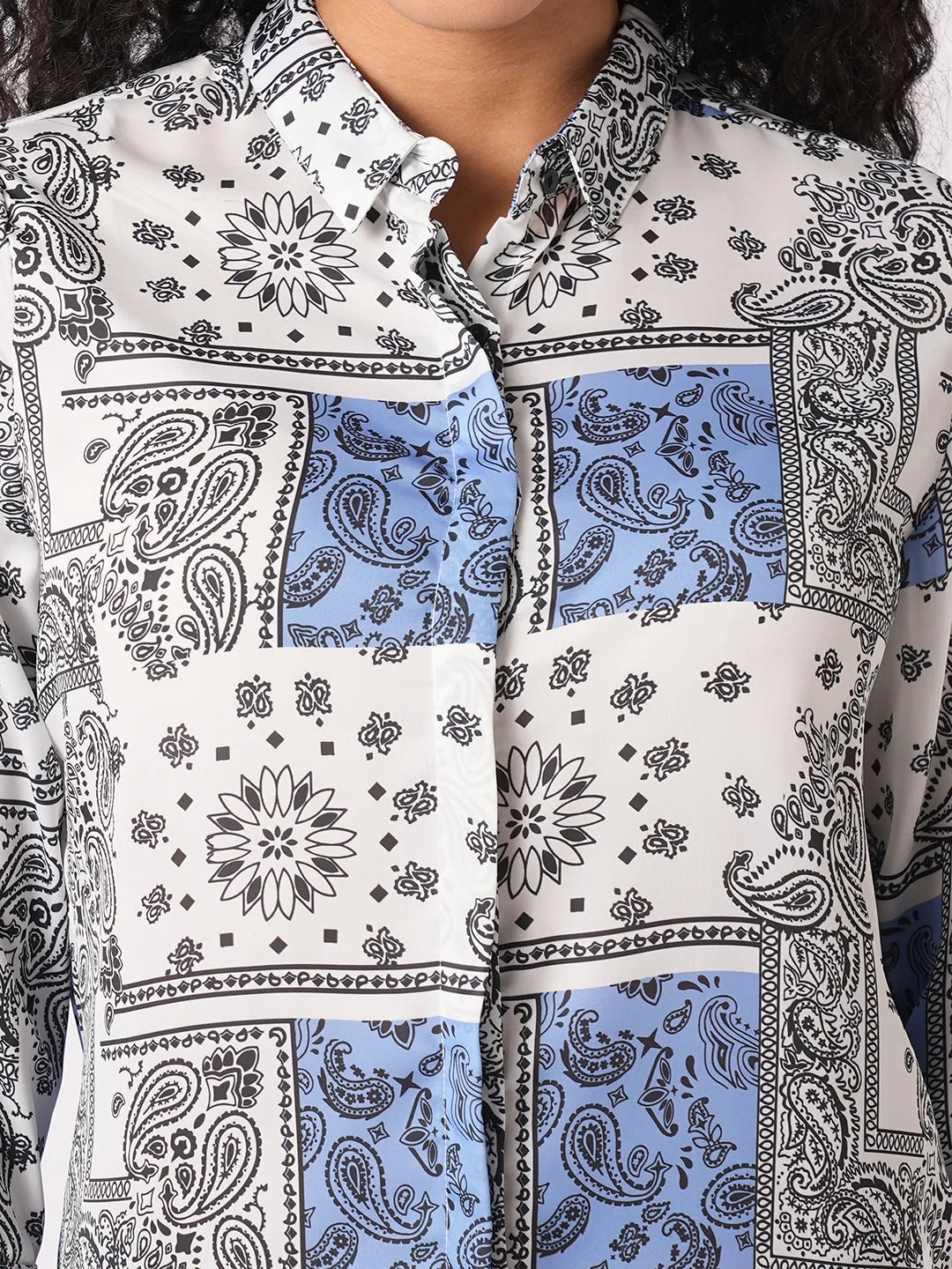 Women Slim Fit  Bandana Print Blue/White Shirt