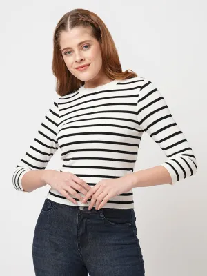 Women Slim Fit Black/White Crop T-Shirt