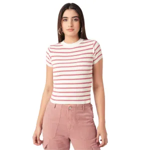 Women Slim Fit Blush Pink-White Solid Flat Knit Top