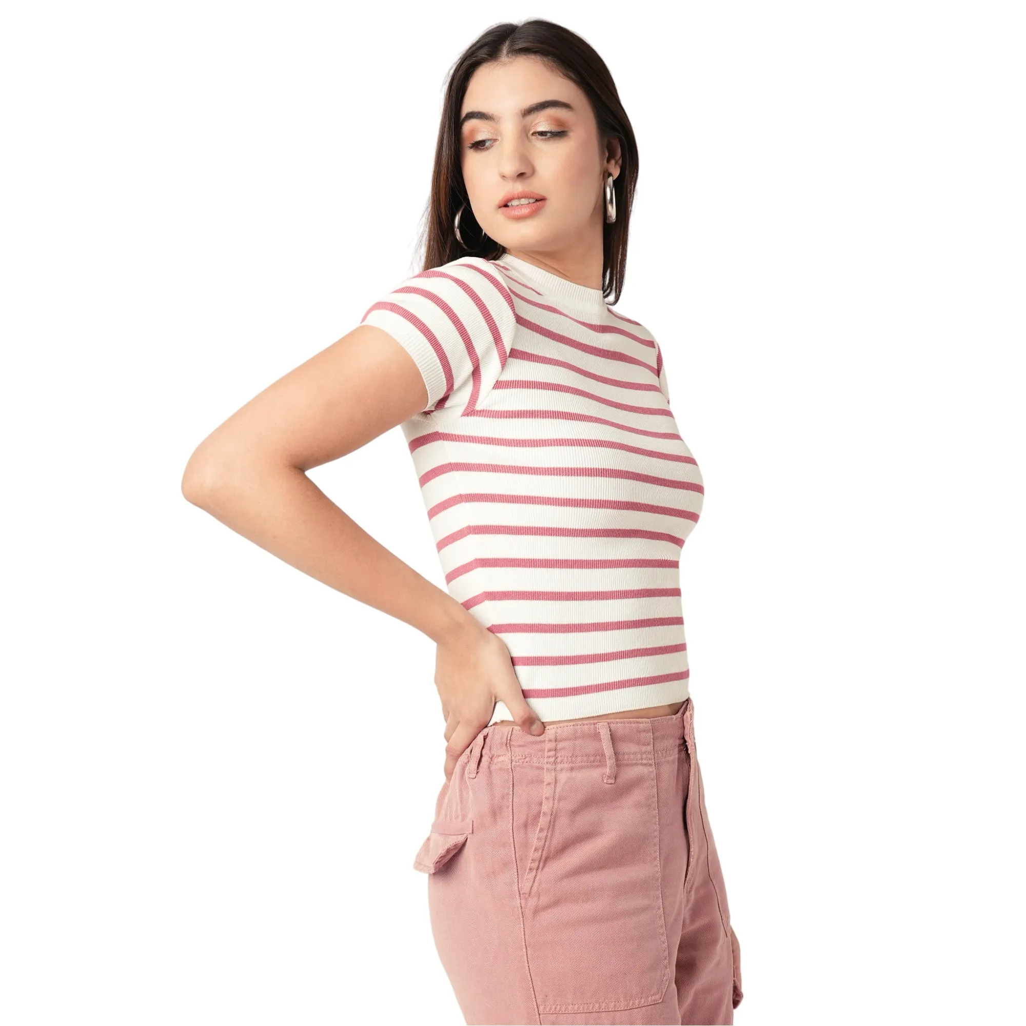 Women Slim Fit Blush Pink-White Solid Flat Knit Top