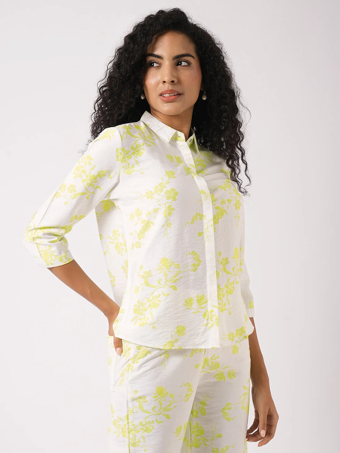 Women Slim Fit White/Lime Printed Shirt