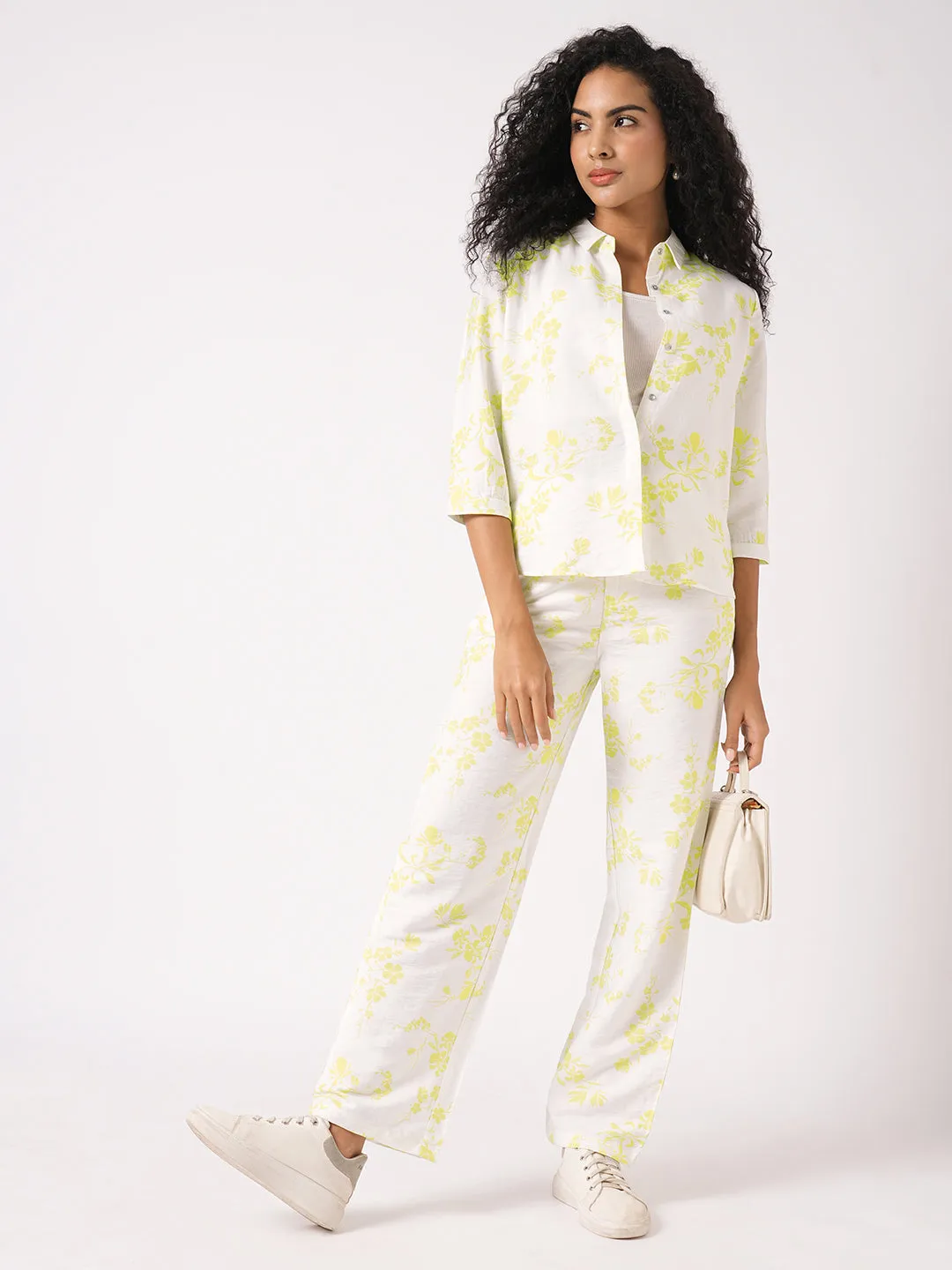 Women Slim Fit White/Lime Printed Shirt