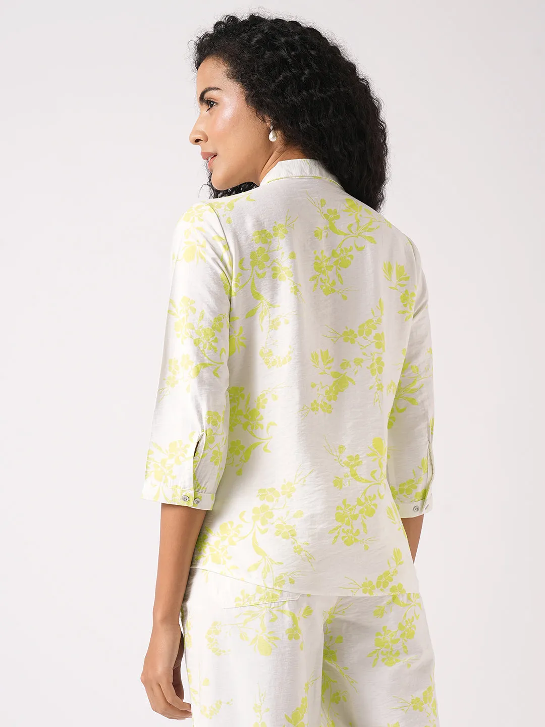 Women Slim Fit White/Lime Printed Shirt