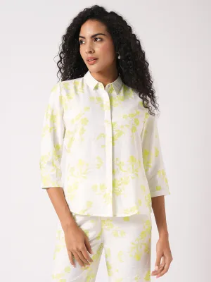 Women Slim Fit White/Lime Printed Shirt