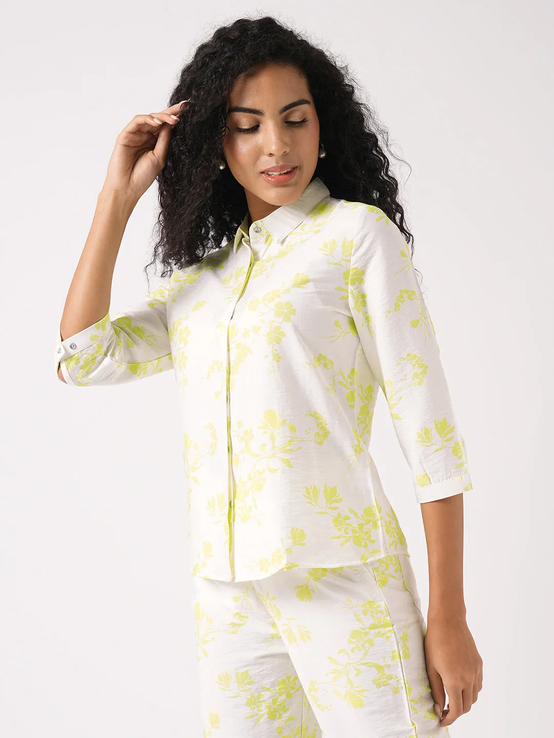 Women Slim Fit White/Lime Printed Shirt