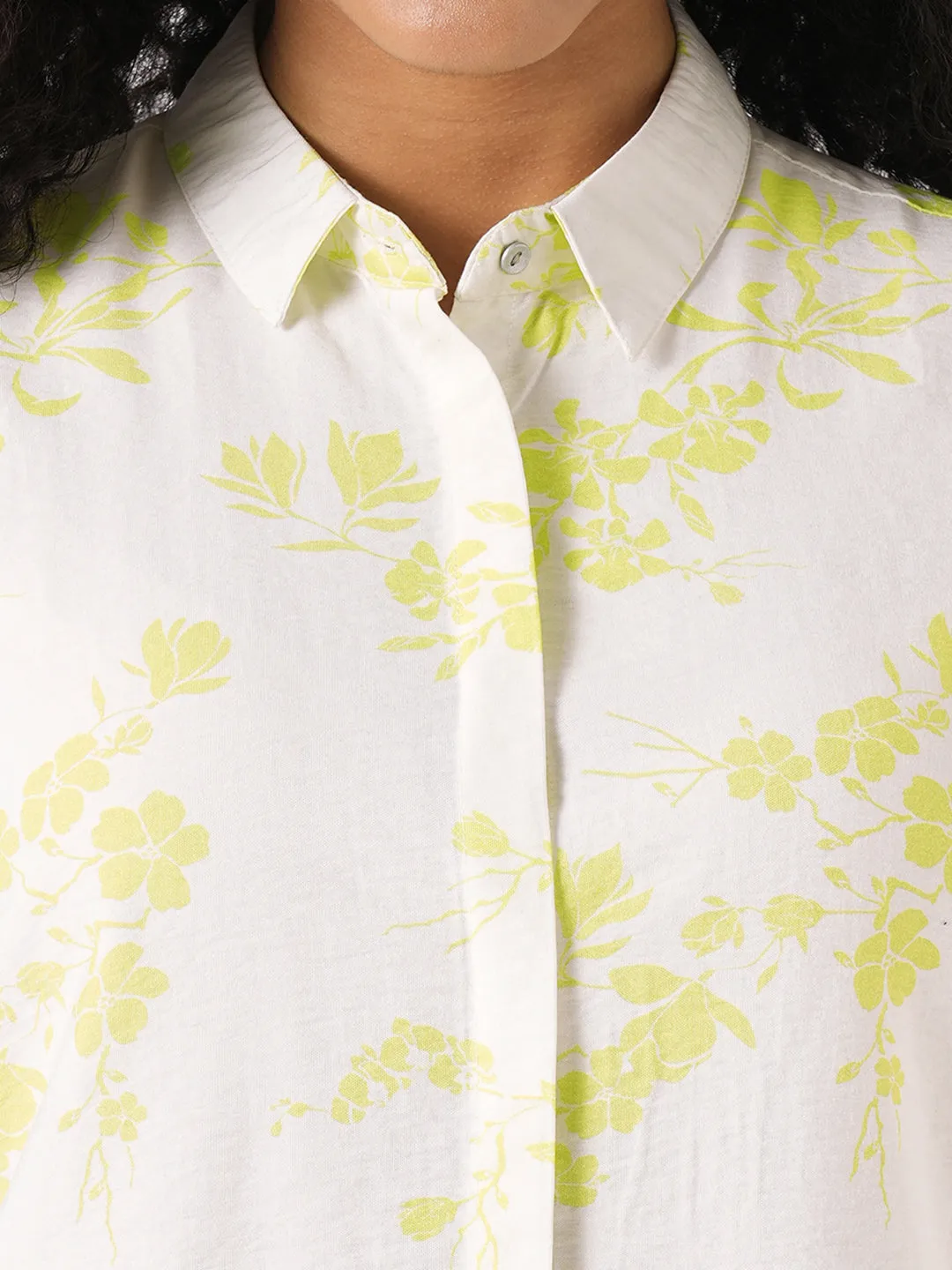 Women Slim Fit White/Lime Printed Shirt