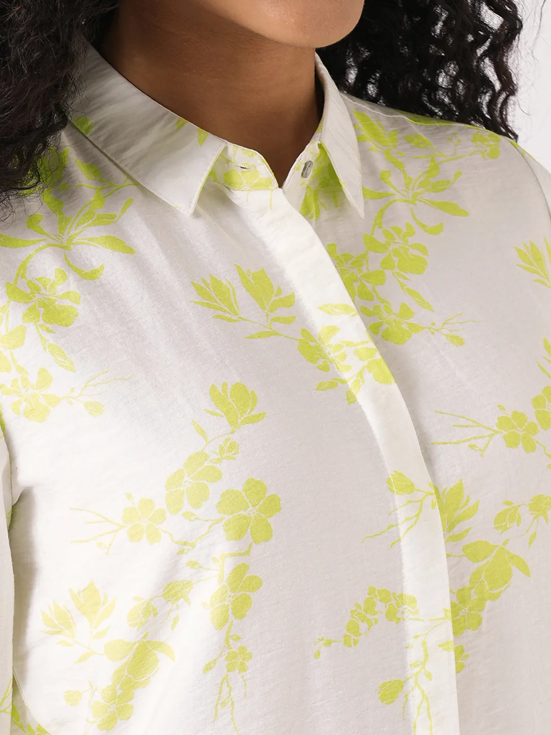 Women Slim Fit White/Lime Printed Shirt