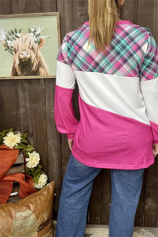 XCH15251 Colorful checked fuchsia&white block printed long/tighten cuff sleeve women tops