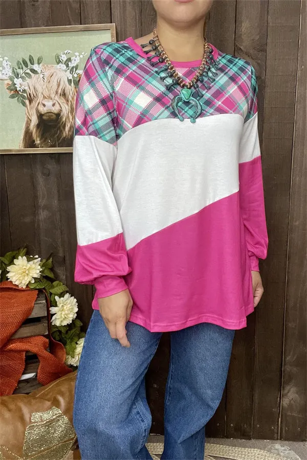 XCH15251 Colorful checked fuchsia&white block printed long/tighten cuff sleeve women tops